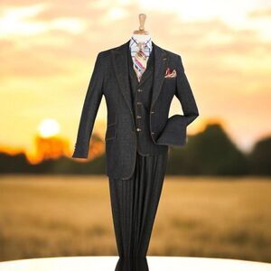 MEN'S ROYAL DIAMOND 3 PIECE BLACK DENIM FASHION SUIT W/ 4 BUTTON VEST. DEN-2.